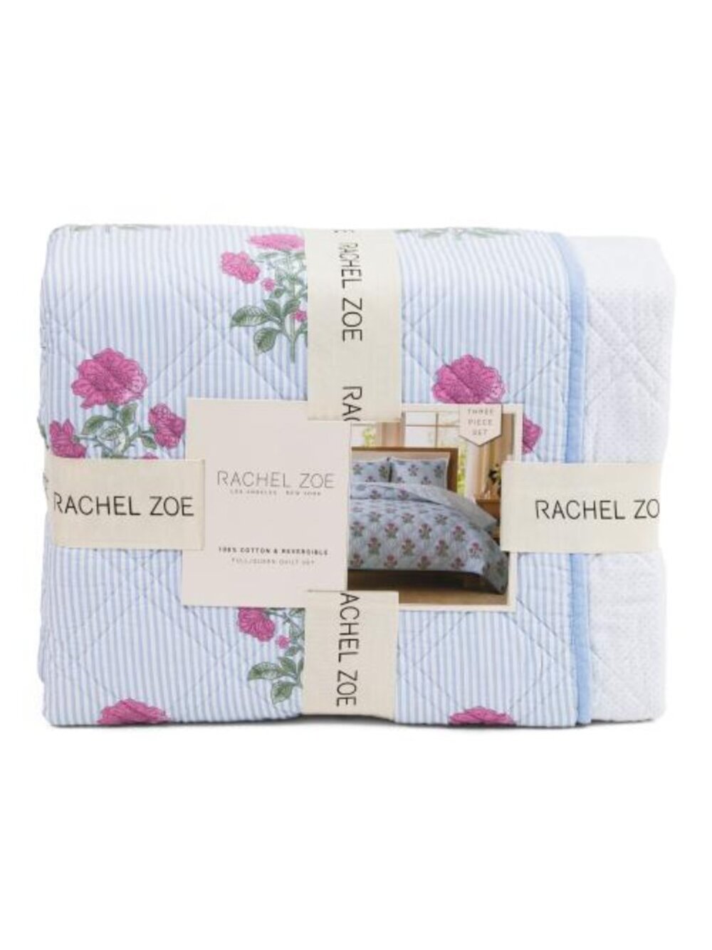 RACHEL ZOE Cotton Striped Reversible Floral To Dot Quilt Set